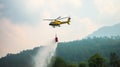 Fire fighting helicopter carry water bucket to extinguish the forest fire. generative ai