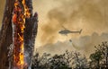 Fire fighting helicopter dropping water on forest fire Royalty Free Stock Photo