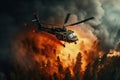 Fire fighting Helicopter dropping water on wildfire. Generative AI