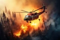Fire fighting Helicopter dropping water on wildfire. Generative AI