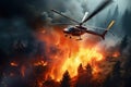 Fire fighting Helicopter dropping water on wildfire. Generative AI