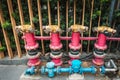 Fire fighting hose valve and sanitary pipeline outside of building., Emergency fire nozzle hydrant for fire protection system., Royalty Free Stock Photo