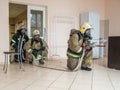 Fire fighting training of the fire service in Central Russia. Royalty Free Stock Photo