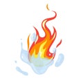Fire fighting. Water extinguishing. Cartoon firefighting sign with aqua splash and red flames. Emergency service burning symbol.