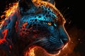 Fire filled panther head with a flaming background. electronic painting