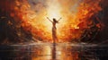 Golden Light: The Angel Of Fire - A Serene And Dramatic Oil Painting