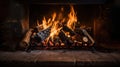 Fire in fireplace, burning wood, flames on logs closeup