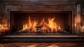 Fire in fireplace, burning wood, flames on logs closeup
