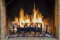 Fire in fireplace. Closeup of firewood burning in fire.