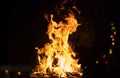 Fire with flames and bokeh lights. Big blaze on black blurred background. Close up view with details, space for text. Royalty Free Stock Photo