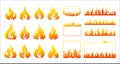 Fire flame. Burning campfire logo. Flaming badge. Igniting border and lines. Fiery round and square frames. Orange