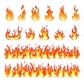 Fire flame. Burning firex seamless border, cartoon style blazing campfire. Fiery effect and different flat blazes Royalty Free Stock Photo