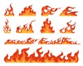 Fire flame. Cartoon bonfire and fiery borders decorative elements. Red and orange blaze, warning signs of flammable Royalty Free Stock Photo