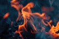 Fire flame closeup. Orange blaze and white smoke against black background. AI Generated Royalty Free Stock Photo