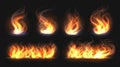 Fire flame effect. Realistic burning line on black background, transparent hot orange light effects. Vector candlelight Royalty Free Stock Photo