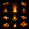 Fire flame or firewood fired flaming bonfire in fireplace and flammable campfire illustration fiery or flamy set with
