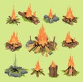 Fire flame or firewood outdoor travel bonfire fired flaming fireplace and flammable campfire illustration fiery or flamy