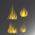 Fire flame hot burn vector icon warm danger and cooking yellow bonfire light blazing campfire.