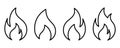 Fire flame icon set. Flame icon in black. Fire symbol in outline. Fireball sign. Campfire symbol in line. Flame vector. Stock