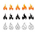 Fire flame icon. Set of red hot fiery element. Simple black shape of campfire. Heat energy symbol, flammable warning sign.