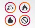 Fire flame icons. Prohibition stop symbol.