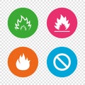 Fire flame icons. Prohibition stop symbol.