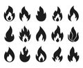 Fire flame icons. Simple burning campfire silhouette symbols, hot chile sauce, bonfire shape. Set of fire and flame