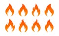 Fire flame icons. Vector simple burning campfire silhouette symbols, hot chile sauce, bonfire shape. Set of fire logos