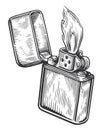 Fire flame and lighter burns with the lid open. Burning cigarette lighter. Sketch vintage vector illustration Royalty Free Stock Photo