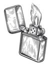 Fire flame and lighter burns with the lid open. Burning cigarette lighter. Sketch vintage vector illustration