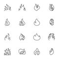 Fire flame line icons set