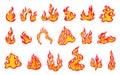 Fire flame logo. Hot shapes, red and yellow cartoon blaze, orange energy, heat symbol, explosion, bonfire sign, campfire Royalty Free Stock Photo