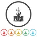 Fire flame logo template. Set icons in color circle buttons