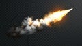 Fire flame modern mounted on rocket launch smoke trail. Isolated jet takeoff explosion speed effect. White spacecraft Royalty Free Stock Photo