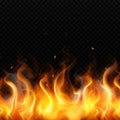 Flame of gold fire on dark transparent background with red sparks flying up realistic vector illustration. Royalty Free Stock Photo