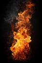 Fire flame and smoke of campfire isolated on black background, vertical view of abstract burning pattern at night. Concept of