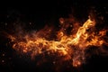 Fire flame and sparks isolated on black background, abstract burning pattern at night. Concept of texture, nature, fireplace, Royalty Free Stock Photo