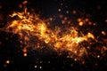 Fire flame and sparks at night, abstract burning pattern isolated on black background. Concept of texture, nature, fireplace, Royalty Free Stock Photo