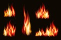 Fire flame strokes realistic isolated on black background vector illustration Royalty Free Stock Photo