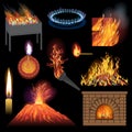 Fire flame vector fired flaming bonfire in fireplace and flammable campfire illustration fiery or flamy set of