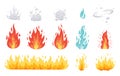 Fire flame vector icons in cartoon style. Flames of different shapes. Fireball set, flaming symbols. Royalty Free Stock Photo