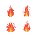 Fire flame vector icons in cartoon style. Flames of different shapes. Fireball set, flaming symbols. Royalty Free Stock Photo