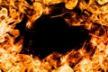 Fire flames on black background, frame, border. Royalty Free Stock Photo