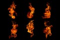 Fire flames collection isolated on black background, movement of fire flames Royalty Free Stock Photo