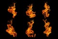 Fire flames collection isolated on black background, movement of fire flames Royalty Free Stock Photo