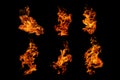 Fire flames collection isolated on black background, movement of fire flames Royalty Free Stock Photo