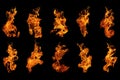 Fire flames collection isolated on black background, movement of fire flames Royalty Free Stock Photo