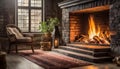 Fire flames in fireplace, warm cozy interior