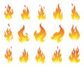 Fire flames icon set. Cartoon heat wildfire or bonfire, burn power fiery. Power light energy silhouettes. Campfire Royalty Free Stock Photo