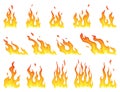 Fire flames icon set. Cartoon heat wildfire or bonfire, burn power fiery. Power light energy silhouettes. Campfire Royalty Free Stock Photo